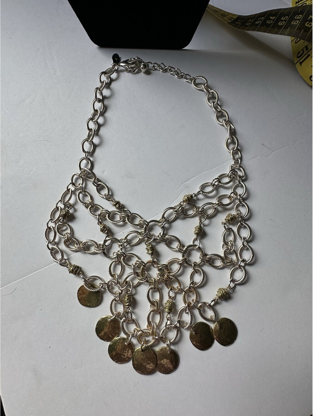 Chico's Gold Tone Multi-Strand Coin Charm Chain Statement Bib Necklace Signed